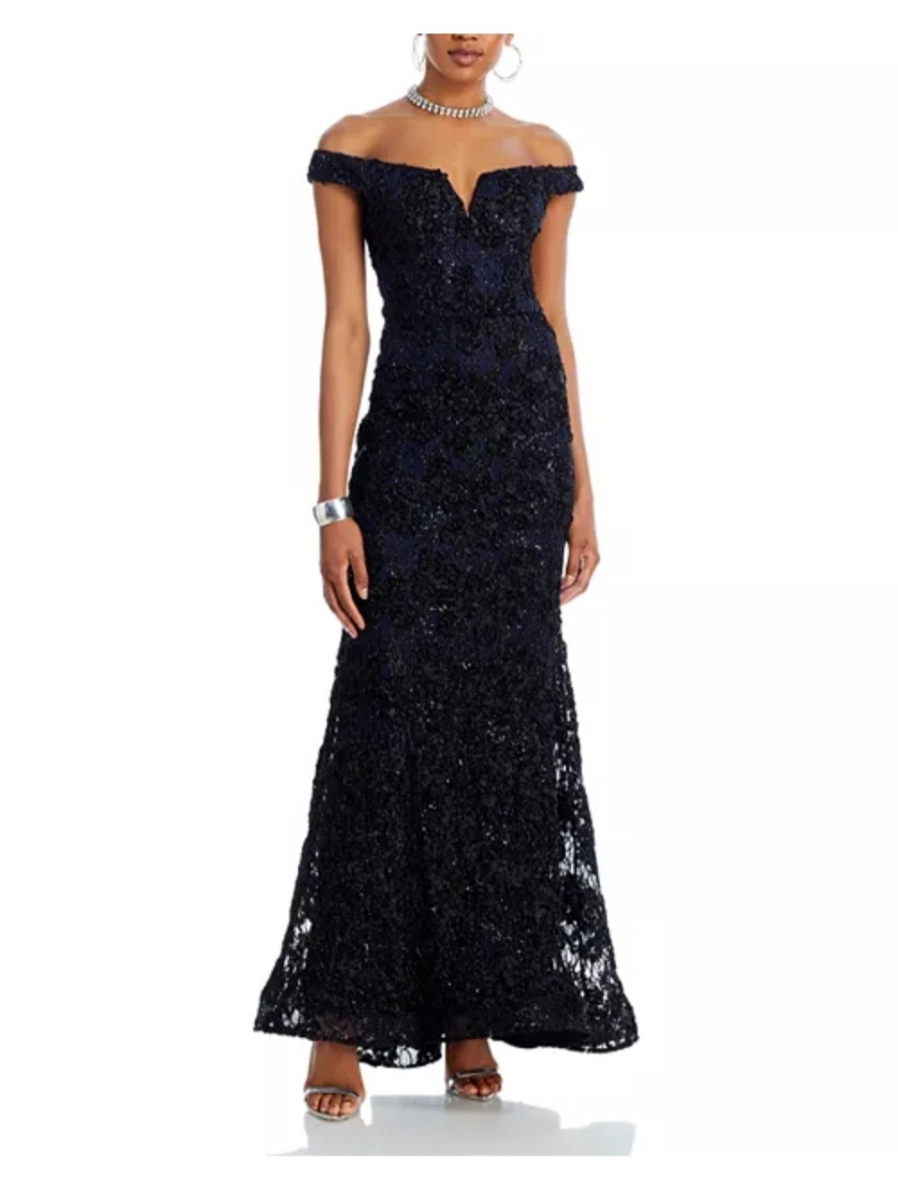 Navy One-Shoulder Beaded Lace Evening Dress - Formal Wedding Gown